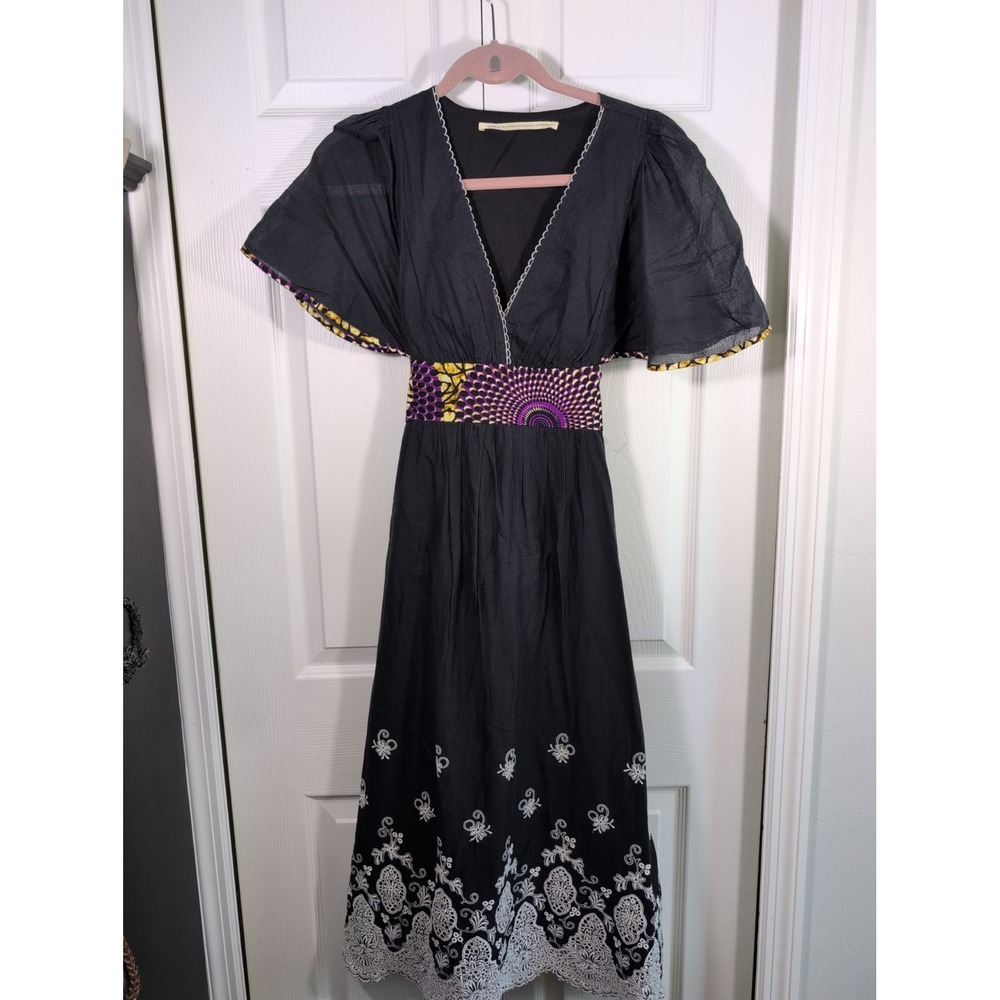 Twelfth Street Womens Deep V-Neck 100% Cotton Embroidered Maxi Dress Medium Navy